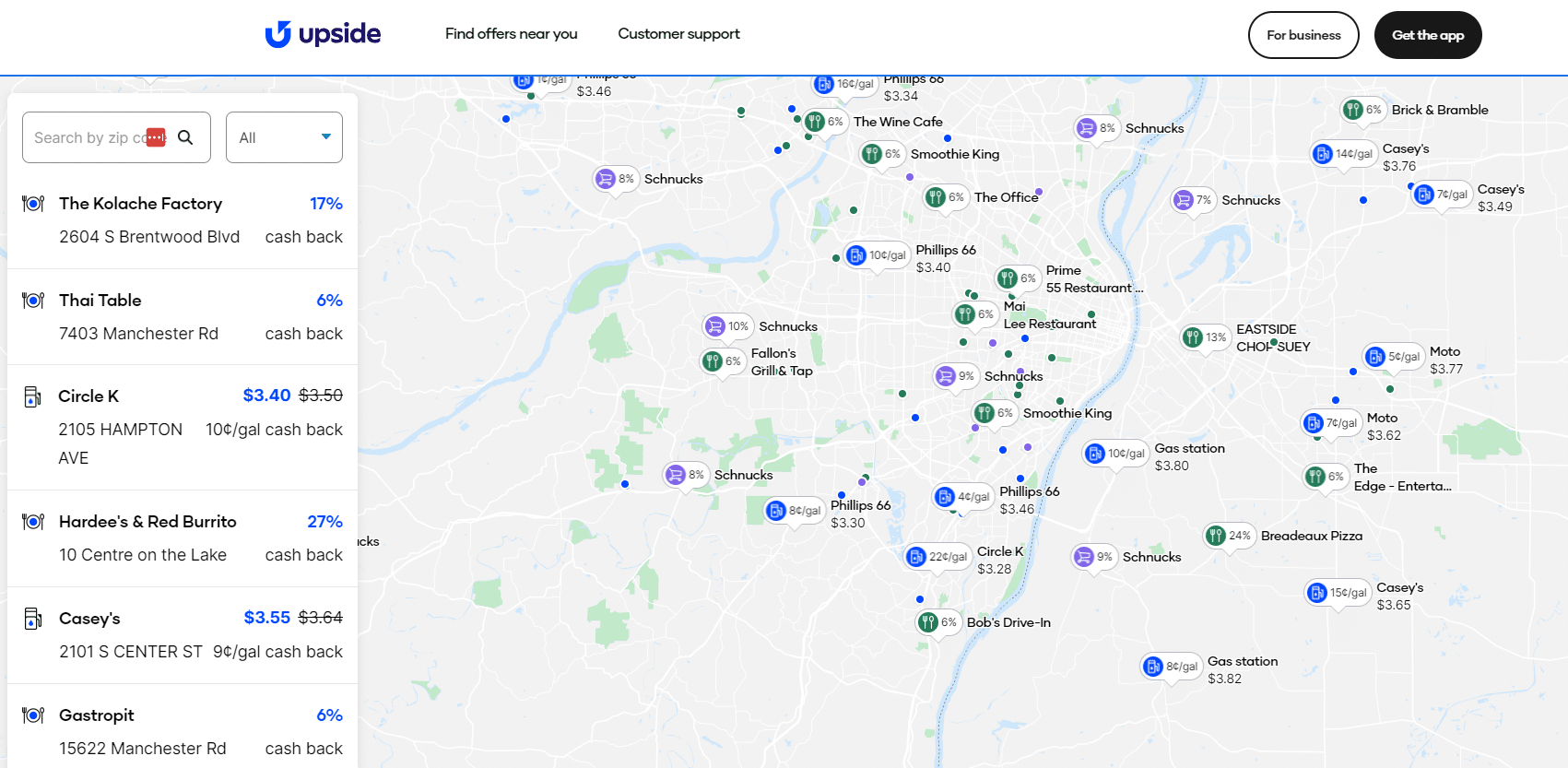 upside cashback map